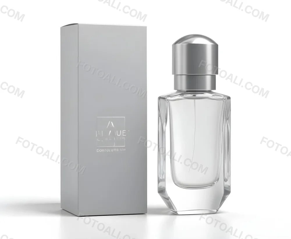 3d Model A Perfume Bottle With A Silver Cap Next To A White Box Product Photography Isolated On A Gray Background Figure Octane Render Volumetric Highly Detailed Videogame Aesthetic 9 9887
