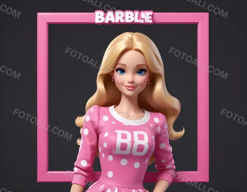 3d Model A Pink Frame With White Polka Dots Featuring A Cartoon Blonde Girl With Long Hair And A Pink Outfit On The Left Side The Girl Is Making A Gesture With Her Hand And The Word Barbie Is Displayed In Pink On The 1 6e36