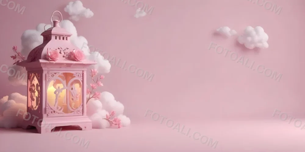 3d Model A Pink Lantern With Floral Details And A Candle Inside Surrounded By White Clouds On A Pink Background Figure Octane Render Volumetric Highly Detailed Videogame Aesthetic 17 55fd