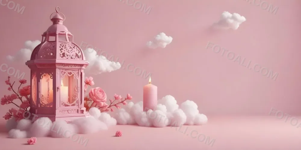 3d Model A Pink Lantern With Floral Details And A Candle Inside Surrounded By White Clouds On A Pink Background Figure Octane Render Volumetric Highly Detailed Videogame Aesthetic 37 B93e