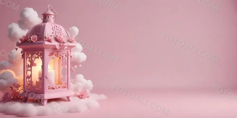 3d Model A Pink Lantern With Floral Details And A Candle Inside Surrounded By White Clouds On A Pink Background Figure Octane Render Volumetric Highly Detailed Videogame Aesthetic 38 4da5