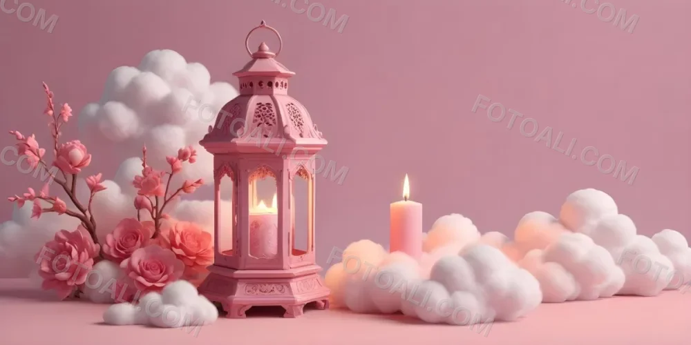 3d Model A Pink Lantern With Floral Details And A Candle Inside Surrounded By White Clouds On A Pink Background Figure Octane Render Volumetric Highly Detailed Videogame Aesthetic 40 4849