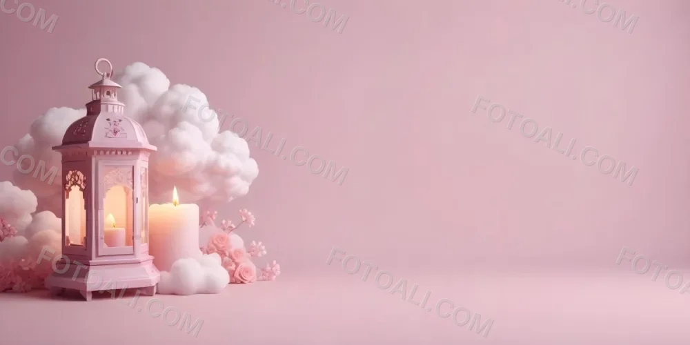 3d Model A Pink Lantern With Floral Details And A Candle Inside Surrounded By White Clouds On A Pink Background Figure Octane Render Volumetric Highly Detailed Videogame Aesthetic 6 A848