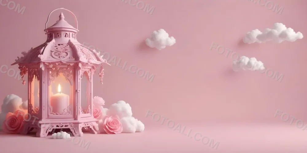 3d Model A Pink Lantern With Floral Details And A Candle Inside Surrounded By White Clouds On A Pink Background Figure Octane Render Volumetric Highly Detailed Videogame Aesthetic 7 Cbb7