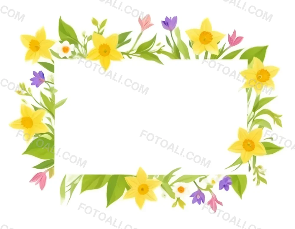 3d Model A Rectangular Frame Adorned With Colorful Flowers And Green Leaves The Flowers Include Yellow Daffodils And Pink And Purple Blooms Creating A Vibrant Border Around A Blank White Center Figure Octane Rende 17 28ad