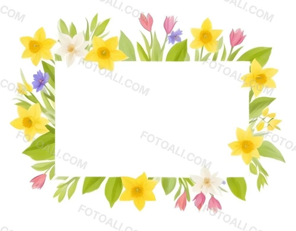 3d Model A Rectangular Frame Adorned With Colorful Flowers And Green Leaves The Flowers Include Yellow Daffodils And Pink And Purple Blooms Creating A Vibrant Border Around A Blank White Center Figure Octane Rende 21 C5cf