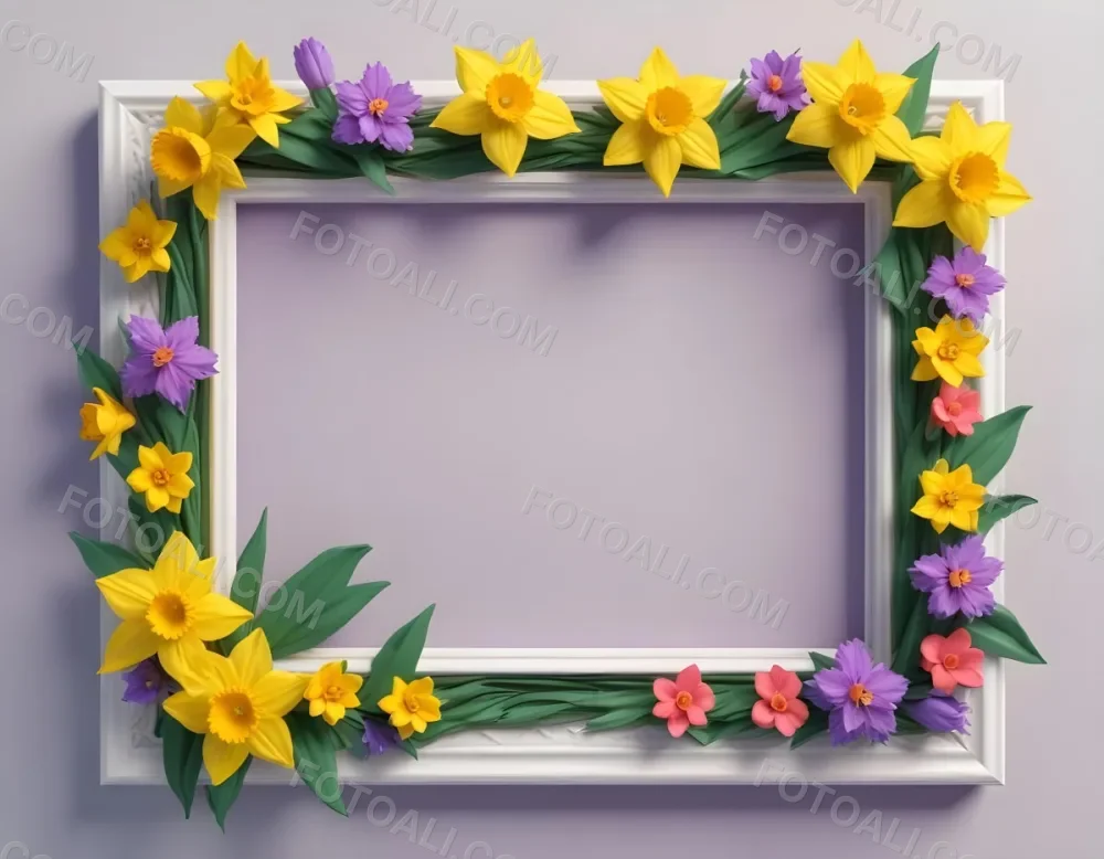 3d Model A Rectangular Frame Adorned With Colorful Flowers And Green Leaves The Flowers Include Yellow Daffodils And Pink And Purple Blooms Creating A Vibrant Border Around A Blank White Center Figure Octane Rende 22 Bc5b