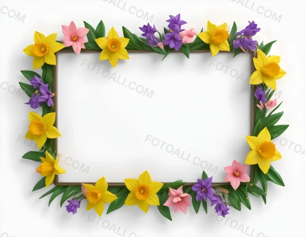 3d Model A Rectangular Frame Adorned With Colorful Flowers And Green Leaves The Flowers Include Yellow Daffodils And Pink And Purple Blooms Creating A Vibrant Border Around A Blank White Center Figure Octane Rende 36 B840