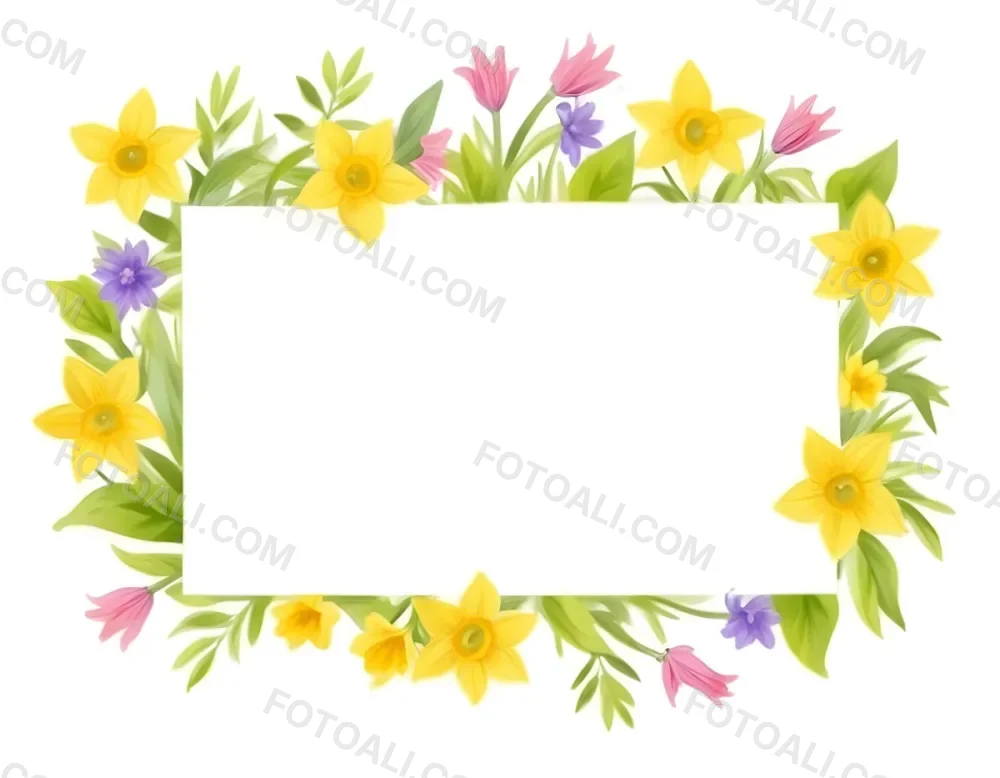 3d Model A Rectangular Frame Adorned With Colorful Flowers And Green Leaves The Flowers Include Yellow Daffodils And Pink And Purple Blooms Creating A Vibrant Border Around A Blank White Center Figure Octane Rende 37 5efb