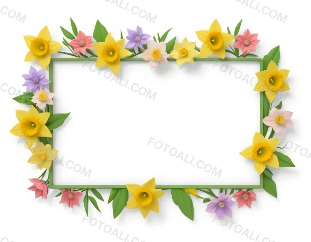 3d Model A Rectangular Frame Adorned With Colorful Flowers And Green Leaves The Flowers Include Yellow Daffodils And Pink And Purple Blooms Creating A Vibrant Border Around A Blank White Center Figure Octane Rende 43 Ee2d