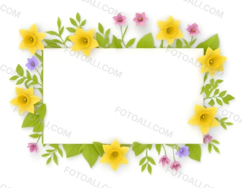 3d Model A Rectangular Frame Adorned With Colorful Flowers And Green Leaves The Flowers Include Yellow Daffodils And Pink And Purple Blooms Creating A Vibrant Border Around A Blank White Center Figure Octane Rende 45 9677