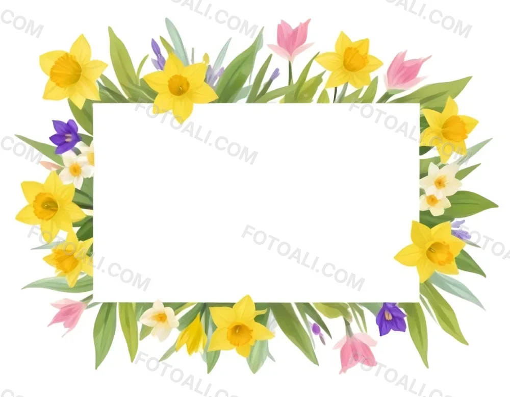 3d Model A Rectangular Frame Adorned With Colorful Flowers And Green Leaves The Flowers Include Yellow Daffodils And Pink And Purple Blooms Creating A Vibrant Border Around A Blank White Center Figure Octane Rende 48 13a5