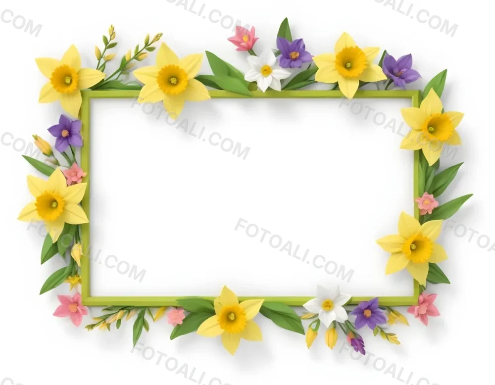 3d Model A Rectangular Frame Adorned With Colorful Flowers And Green Leaves The Flowers Include Yellow Daffodils And Pink And Purple Blooms Creating A Vibrant Border Around A Blank White Center Figure Octane Rende 57 E761