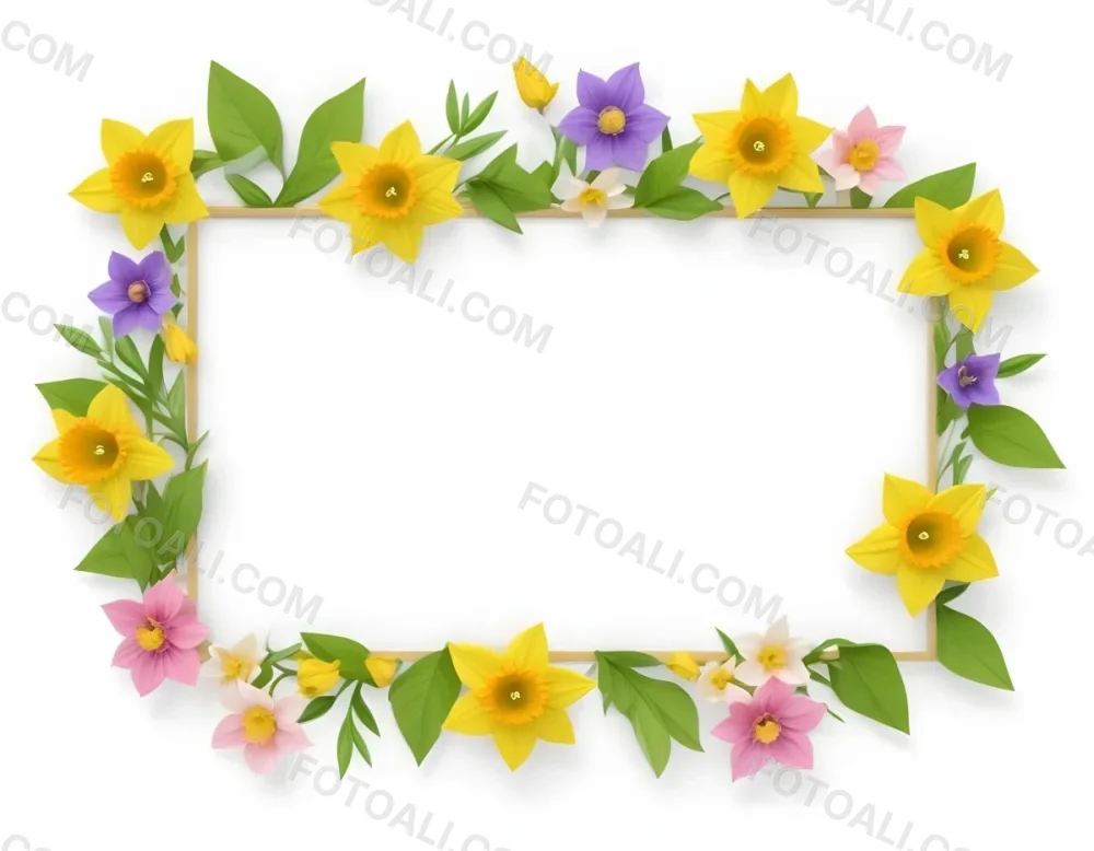 3d Model A Rectangular Frame Adorned With Colorful Flowers And Green Leaves The Flowers Include Yellow Daffodils And Pink And Purple Blooms Creating A Vibrant Border Around A Blank White Center Figure Octane Rende 6 27f3