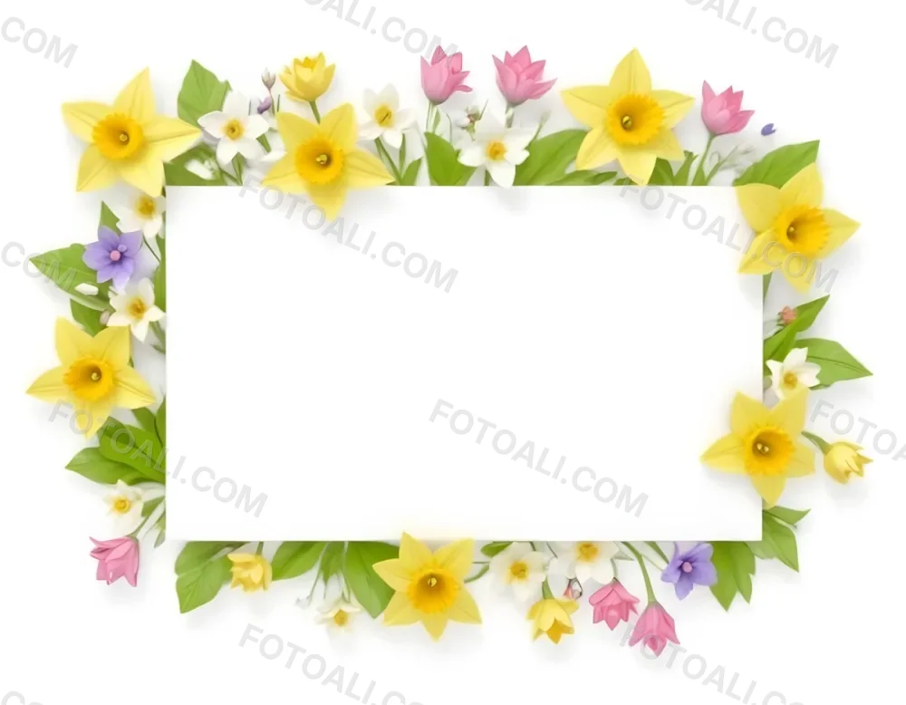 3d Model A Rectangular Frame Adorned With Colorful Flowers And Green Leaves The Flowers Include Yellow Daffodils And Pink And Purple Blooms Creating A Vibrant Border Around A Blank White Center Figure Octane Rende 65 C837
