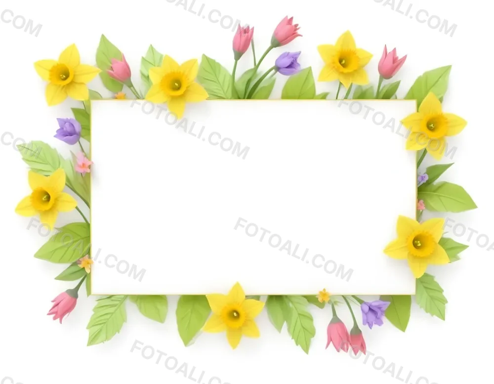 3d Model A Rectangular Frame Adorned With Colorful Flowers And Green Leaves The Flowers Include Yellow Daffodils And Pink And Purple Blooms Creating A Vibrant Border Around A Blank White Center Figure Octane Rende 67 0c9b