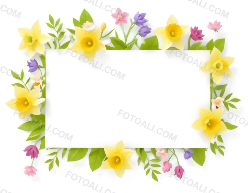 3d Model A Rectangular Frame Adorned With Colorful Flowers And Green Leaves The Flowers Include Yellow Daffodils And Pink And Purple Blooms Creating A Vibrant Border Around A Blank White Center Figure Octane Rende 68 Fb44