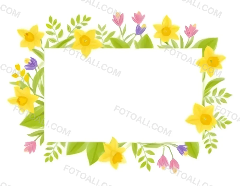 3d Model A Rectangular Frame Adorned With Colorful Flowers And Green Leaves The Flowers Include Yellow Daffodils And Pink And Purple Blooms Creating A Vibrant Border Around A Blank White Center Figure Octane Rende 7 Dac3