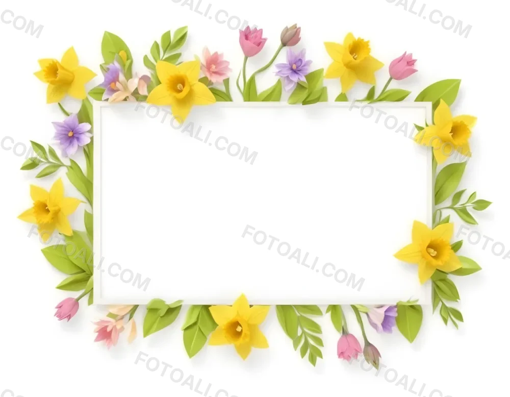 3d Model A Rectangular Frame Adorned With Colorful Flowers And Green Leaves The Flowers Include Yellow Daffodils And Pink And Purple Blooms Creating A Vibrant Border Around A Blank White Center Figure Octane Rende 8 158b