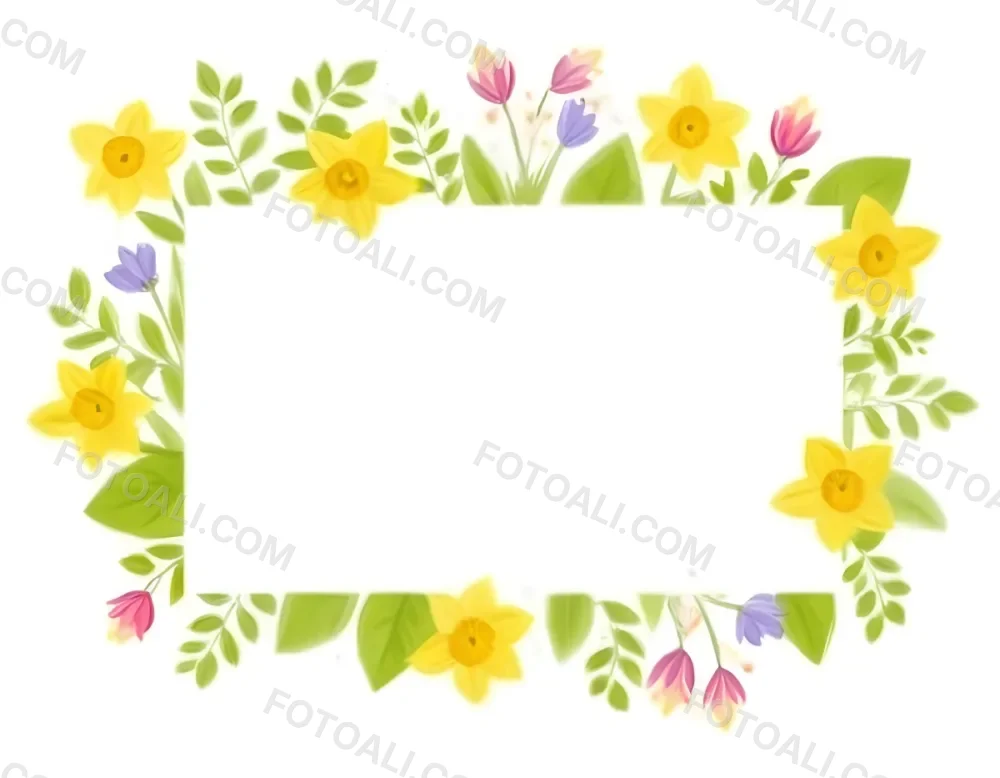 3d Model A Rectangular Frame Adorned With Colorful Flowers And Green Leaves The Flowers Include Yellow Daffodils And Pink And Purple Blooms Creating A Vibrant Border Around A Blank White Center Figure Octane Rende 9 33e4
