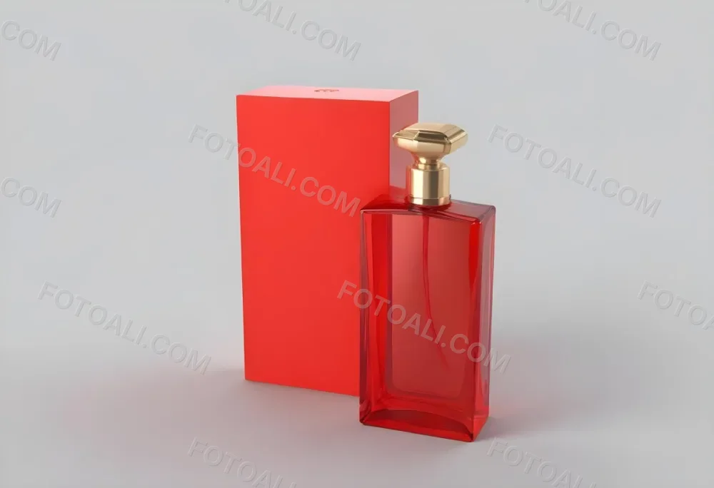 3d Model A Red Glass Perfume Bottle With A Red Cap Next To A Red Box On A Red Surface Figure Octane Render Volumetric Highly Detailed Videogame Aesthetic 18 595e