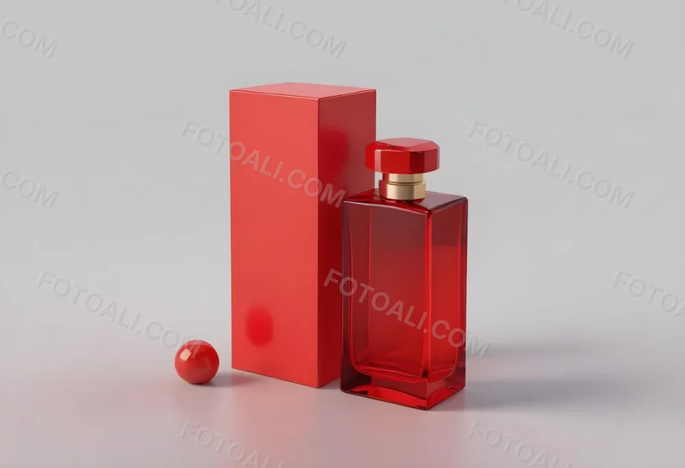 3d Model A Red Glass Perfume Bottle With A Red Cap Next To A Red Box On A Red Surface Figure Octane Render Volumetric Highly Detailed Videogame Aesthetic 2 B184