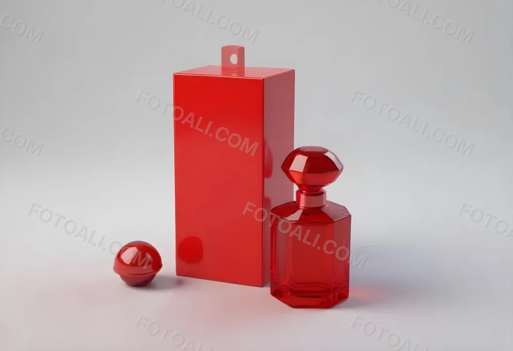 3d Model A Red Glass Perfume Bottle With A Red Cap Next To A Red Box On A Red Surface Figure Octane Render Volumetric Highly Detailed Videogame Aesthetic 23 5d8e