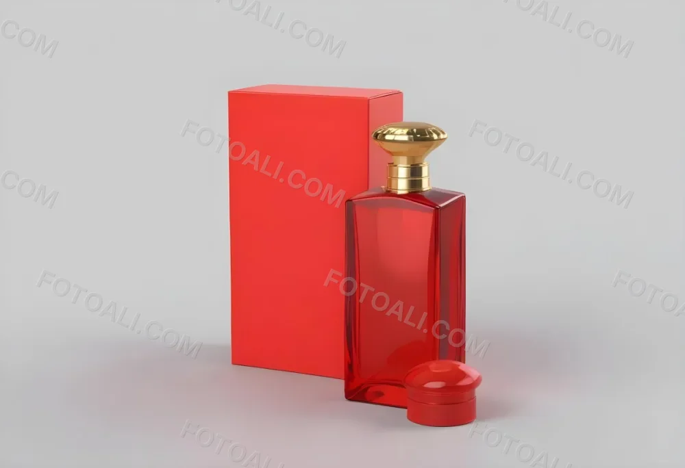 3d Model A Red Glass Perfume Bottle With A Red Cap Next To A Red Box On A Red Surface Figure Octane Render Volumetric Highly Detailed Videogame Aesthetic 26 12e1