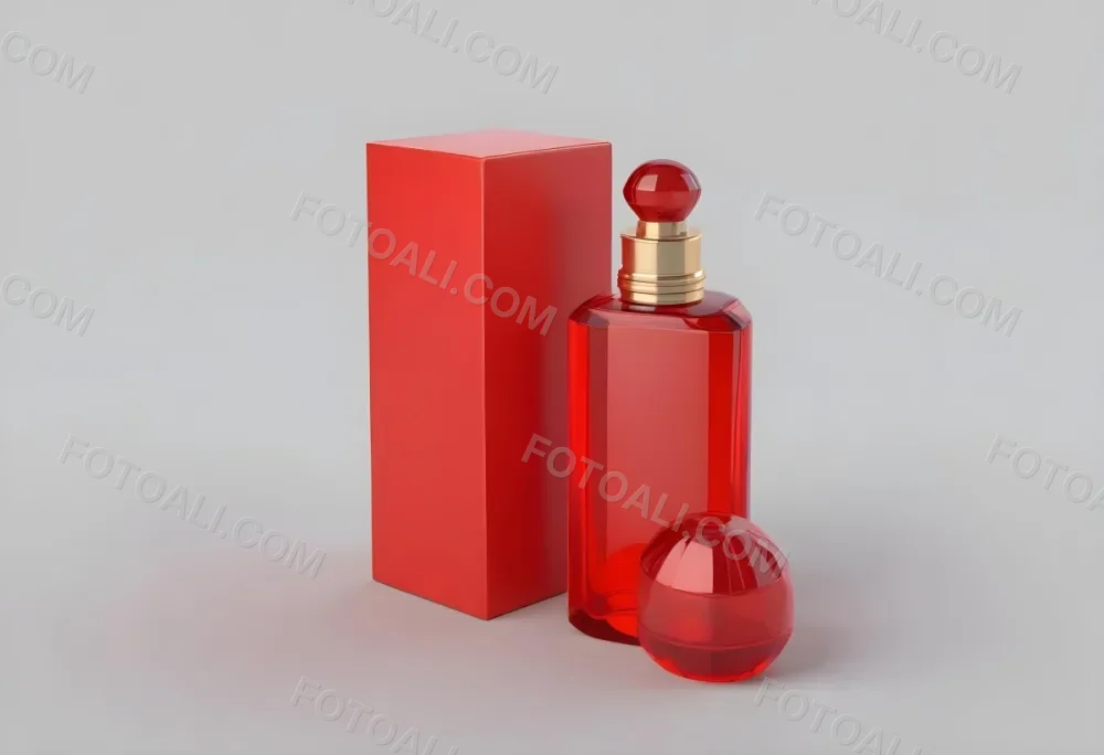 3d Model A Red Glass Perfume Bottle With A Red Cap Next To A Red Box On A Red Surface Figure Octane Render Volumetric Highly Detailed Videogame Aesthetic 30 9456