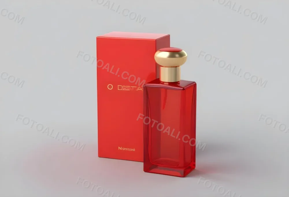 3d Model A Red Glass Perfume Bottle With A Red Cap Next To A Red Box On A Red Surface Figure Octane Render Volumetric Highly Detailed Videogame Aesthetic 34 0c7e