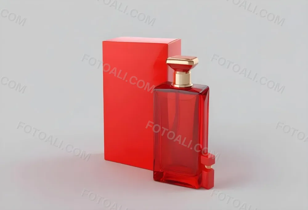 3d Model A Red Glass Perfume Bottle With A Red Cap Next To A Red Box On A Red Surface Figure Octane Render Volumetric Highly Detailed Videogame Aesthetic 35 E008
