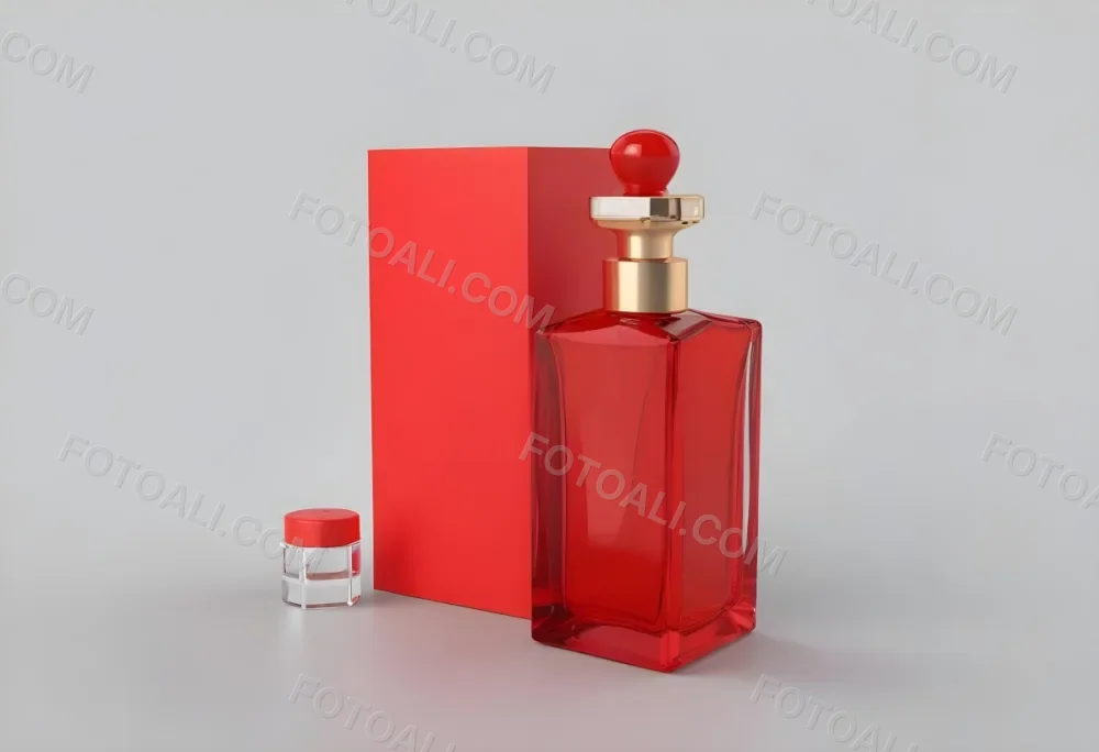 3d Model A Red Glass Perfume Bottle With A Red Cap Next To A Red Box On A Red Surface Figure Octane Render Volumetric Highly Detailed Videogame Aesthetic 37 Abfd