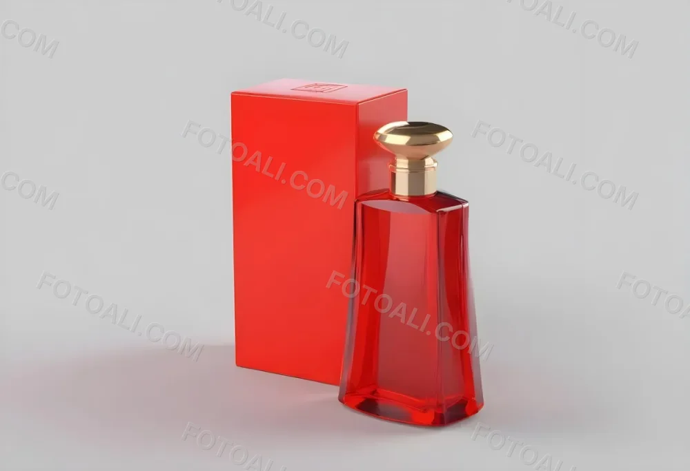 3d Model A Red Glass Perfume Bottle With A Red Cap Next To A Red Box On A Red Surface Figure Octane Render Volumetric Highly Detailed Videogame Aesthetic 38 28a9