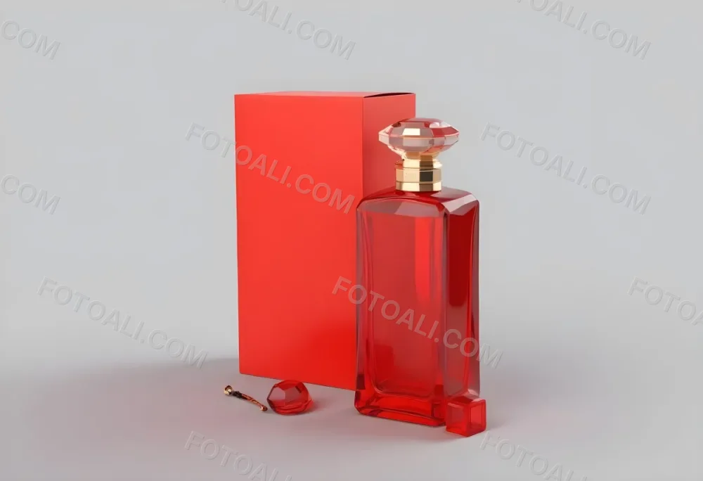 3d Model A Red Glass Perfume Bottle With A Red Cap Next To A Red Box On A Red Surface Figure Octane Render Volumetric Highly Detailed Videogame Aesthetic 39 E333