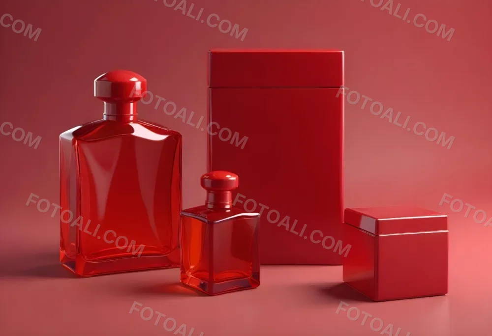 3d Model A Red Glass Perfume Bottle With A Red Cap Next To A Red Box On A Red Surface Figure Octane Render Volumetric Highly Detailed Videogame Aesthetic 4 2bba