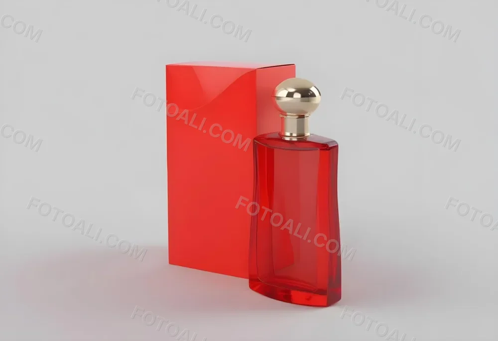 3d Model A Red Glass Perfume Bottle With A Red Cap Next To A Red Box On A Red Surface Figure Octane Render Volumetric Highly Detailed Videogame Aesthetic 40 2050