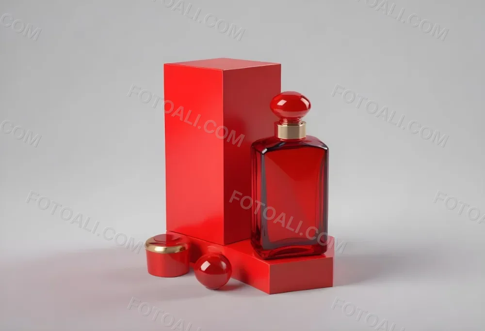 3d Model A Red Glass Perfume Bottle With A Red Cap Next To A Red Box On A Red Surface Figure Octane Render Volumetric Highly Detailed Videogame Aesthetic 8 0c9c