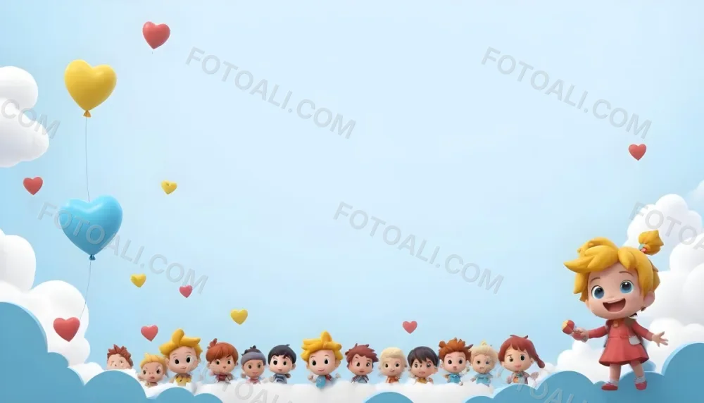 3d Model A Row Of Cartoon Children With Various Hairstyles And Expressions Some Holding Toys Against A Light Blue Background With Simple Clouds And Hearts Figure Octane Render Volumetric Highly Detailed Videogame 10 42bb