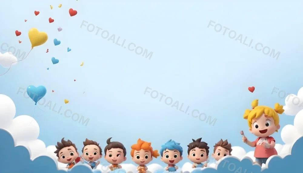 3d Model A Row Of Cartoon Children With Various Hairstyles And Expressions Some Holding Toys Against A Light Blue Background With Simple Clouds And Hearts Figure Octane Render Volumetric Highly Detailed Videogame 15 4516