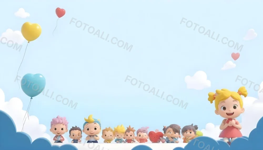3d Model A Row Of Cartoon Children With Various Hairstyles And Expressions Some Holding Toys Against A Light Blue Background With Simple Clouds And Hearts Figure Octane Render Volumetric Highly Detailed Videogame 17 76b6
