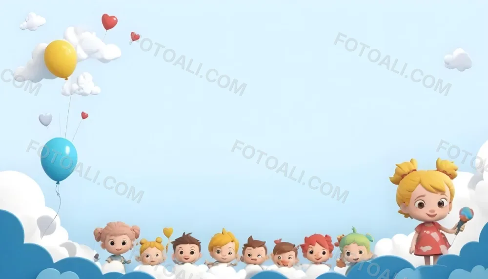 3d Model A Row Of Cartoon Children With Various Hairstyles And Expressions Some Holding Toys Against A Light Blue Background With Simple Clouds And Hearts Figure Octane Render Volumetric Highly Detailed Videogame 19 8cce