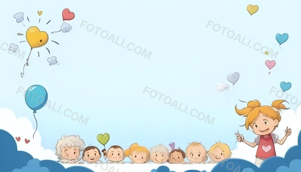 3d Model A Row Of Cartoon Children With Various Hairstyles And Expressions Some Holding Toys Against A Light Blue Background With Simple Clouds And Hearts Figure Octane Render Volumetric Highly Detailed Videogame 20 D377