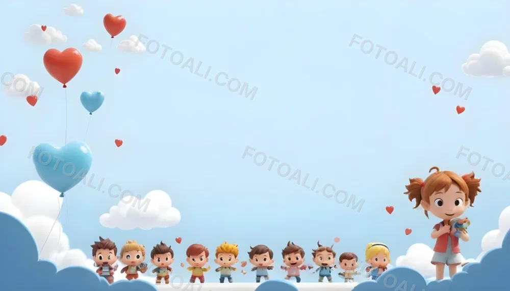 3d Model A Row Of Cartoon Children With Various Hairstyles And Expressions Some Holding Toys Against A Light Blue Background With Simple Clouds And Hearts Figure Octane Render Volumetric Highly Detailed Videogame 4 Aded