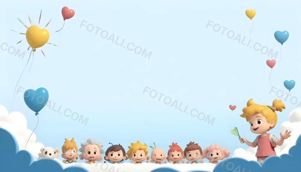 3d Model A Row Of Cartoon Children With Various Hairstyles And Expressions Some Holding Toys Against A Light Blue Background With Simple Clouds And Hearts Figure Octane Render Volumetric Highly Detailed Videogame 5 7e86
