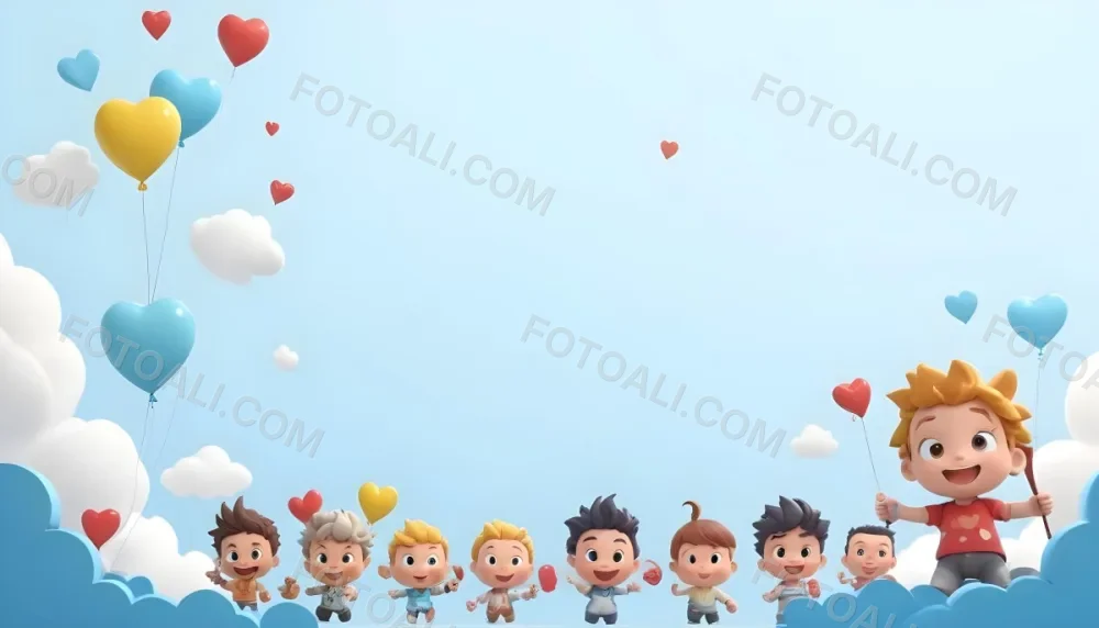 3d Model A Row Of Cartoon Children With Various Hairstyles And Expressions Some Holding Toys Against A Light Blue Background With Simple Clouds And Hearts Figure Octane Render Volumetric Highly Detailed Videogame 7 6e12