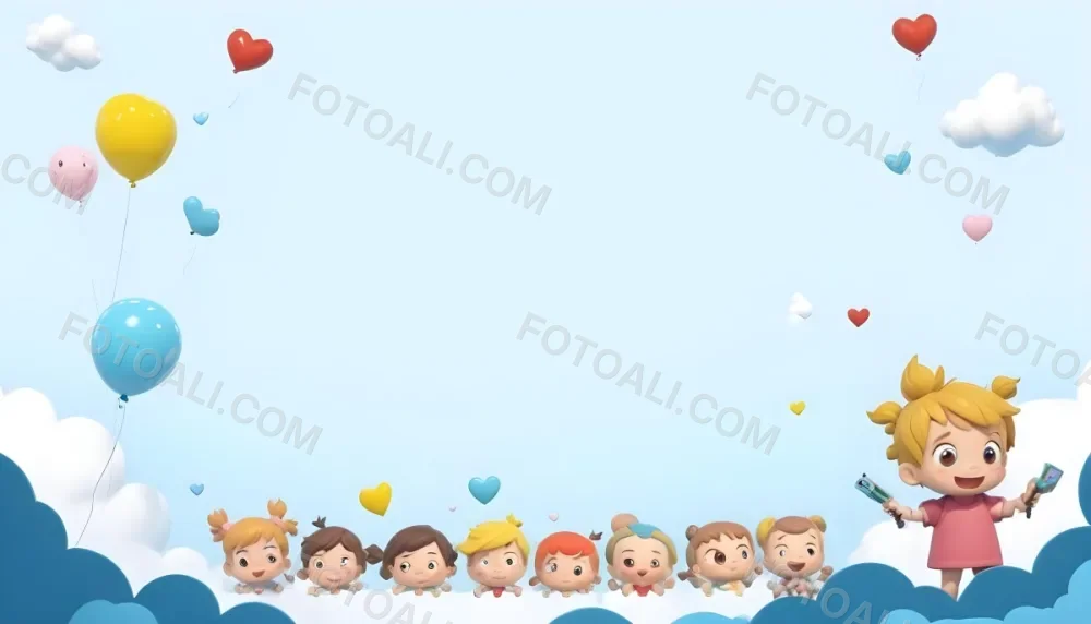 3d Model A Row Of Cartoon Children With Various Hairstyles And Expressions Some Holding Toys Against A Light Blue Background With Simple Clouds And Hearts Figure Octane Render Volumetric Highly Detailed Videogame 8 1462