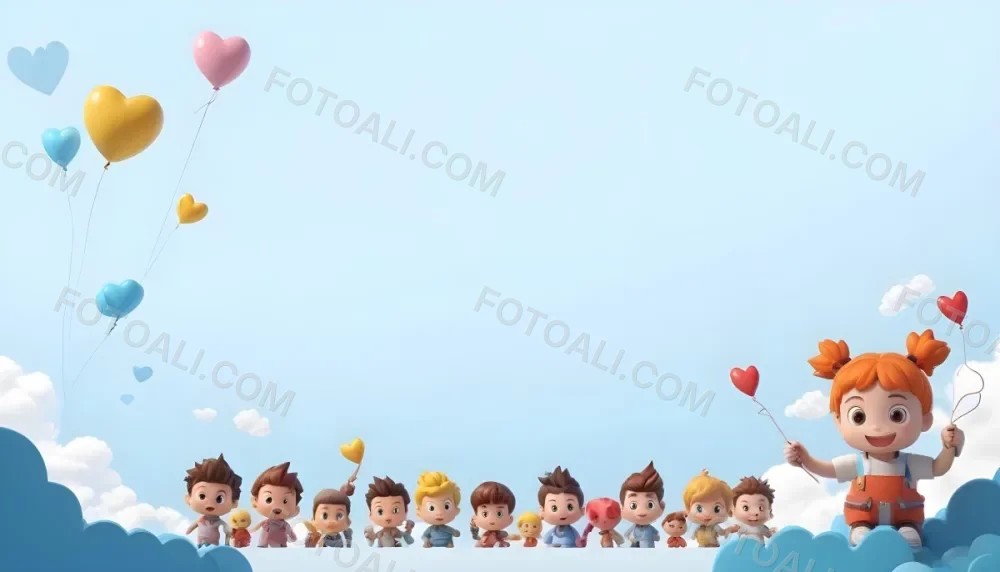 3d Model A Row Of Cartoon Children With Various Hairstyles And Expressions Some Holding Toys Against A Light Blue Background With Simple Clouds And Hearts Figure Octane Render Volumetric Highly Detailed Videogame 9 7c9b
