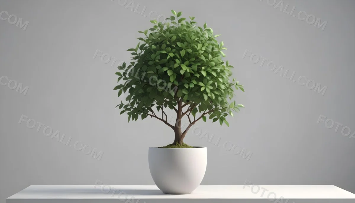 3d Model A Small Tree With Green Leaves In A White Pot The Background Is Gray The Lighting Is Soft And Diffused The Composition Is Simple And Clean Figure Octane Render Volumetric Highly Detailed Videogame Aesth 17 366c