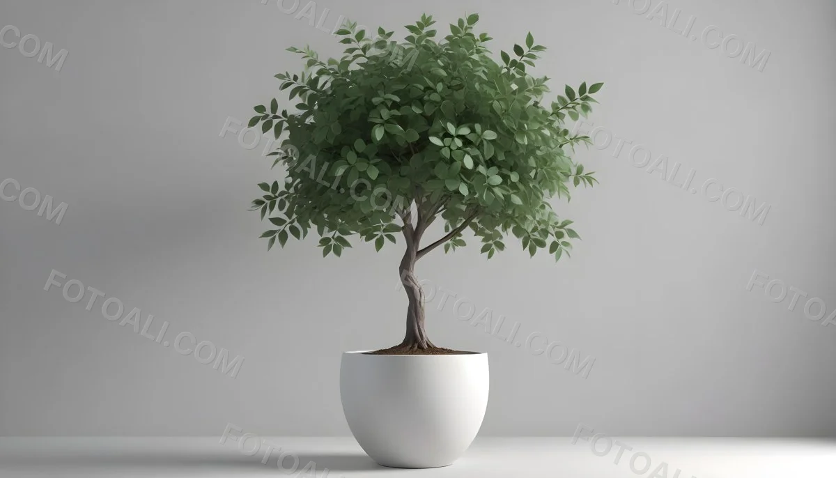 3d Model A Small Tree With Green Leaves In A White Pot The Background Is Gray The Lighting Is Soft And Diffused The Composition Is Simple And Clean Figure Octane Render Volumetric Highly Detailed Videogame Aesth 5 4685