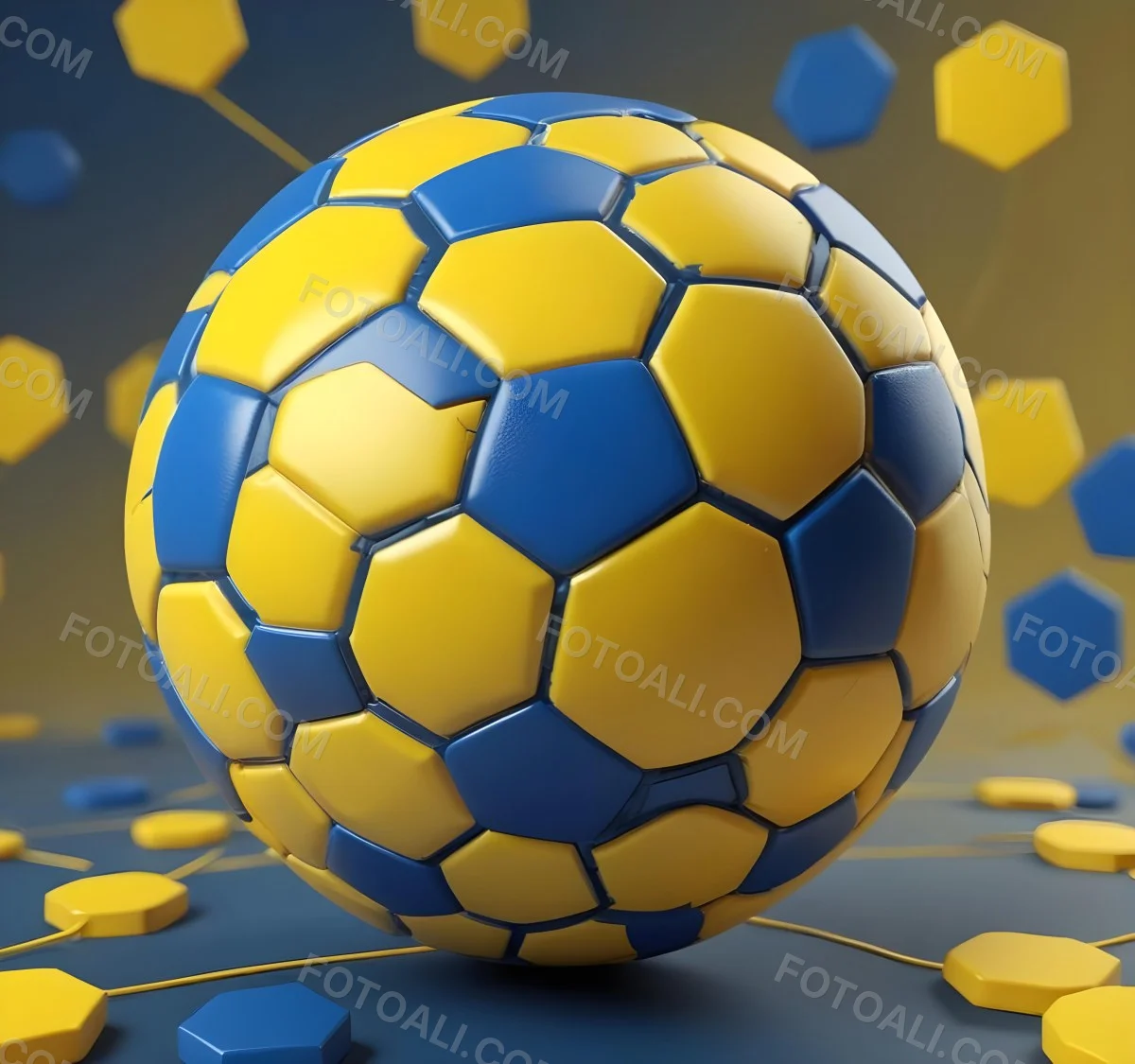3d Model A Soccer Ball With Yellow And Blue Hexagons In A Yellow Background Figure Octane Render Volumetric Highly Detailed Videogame Aesthetic 21 9e16
